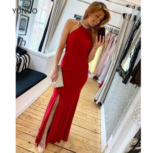 YUNUO 2021 Sleeveless Red Prom Dresses Side Slit Evening Gowns O-neck Crystal Sexy Formal Dress vestidos de fiesta elegantes