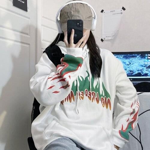 New Autumn Hoodie Women Streetwear Hoodie Vintage Flame Print Hoodie Loose Hooded Pullover Harajuku Cartoon Print Hoodie