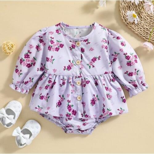 FOCUSNORM 0-3Y Lovely Infant Baby Girls Romper Dress Flowers Printing Long Sleeve Single Breasted Ruffles Jumpsuits