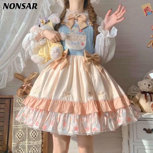 NONSAR Cute JSK Strap Lolita Dress Retro Bow Sweet Cartoon Patchwork Dress Women Summer New Sleeveless Female Clothing