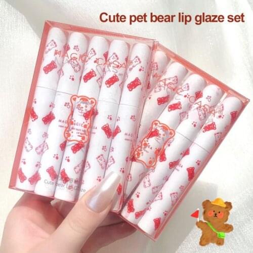 5pcslip Glaze Set Matte Velvet Cute Pet Bear Lip Mud Not Easy To Fade Lipstick Lasting Makeup Cosmetics TSLM1