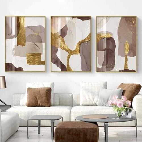 Abstract Luxury Marble Brown Gold Leaf Canvas Painting Wall Poster New Design Picture For Living Room Decoration Room Decor