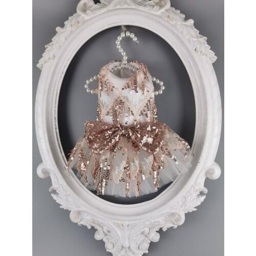 Free Shipping Handmade Dog Clothes Sequin Gold Sparkling Beaded Tassel Dog Dress Cat Pet Tutu Party Outfit Poodle Maltese