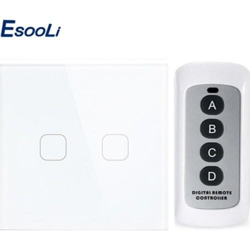 Esooli EU Standard 2 gang 1 way Light Touch Switch Waterproof Glass Panel Wall Sensor Switch Remote controller
