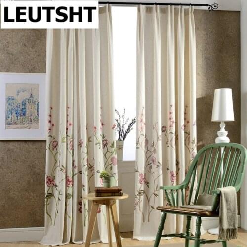 European Lily Cotton and Linen Embroidery Curtains for Living Room Modern Pastoral High-end Shade Curtains for Bedroom/ Kitchen