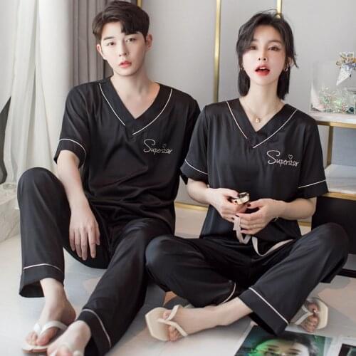 FZSLCYIYI Couples Lovers Pajamas Sets Women Short-sleeve + Pants Summer Pyjama Loose Men Faux Silk Couple Pijama Set Sleepwear