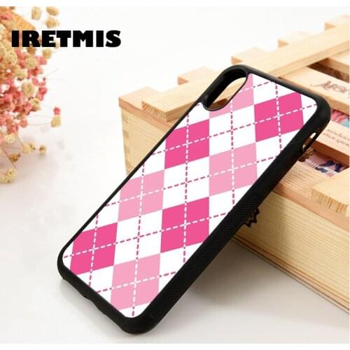 Iretmis 5 5S SE 6 6S TPU Silicone Rubber Phone Case Cover for iPhone 7 8 Plus X Xs 11 12 MINI Pro Max XR Pink Argyle