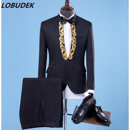 Mens Autumn Winter Suit costumes Crystals Embroidery suits Prom party singer stage performance clothes Host Wedding dresses