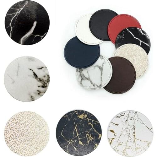 Round Drink Mat Faux Leather Cup Pad Heatproof Cup Pad Trivet Mat Coaster Mat Marbling Cup Pad Anti-Skid Leather Cup Mat Pad