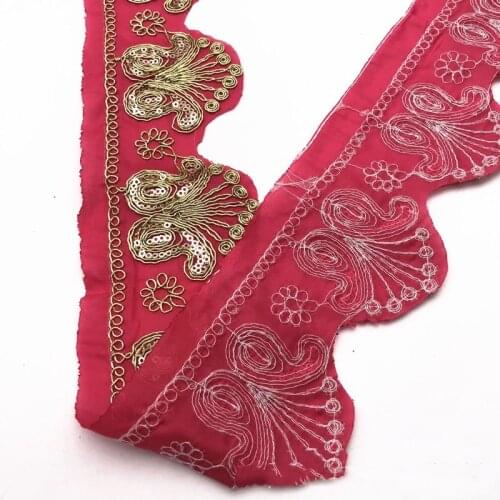 1 Yard Vintage Ethnic Sequins Embroidery Lace Ribbon Boho Lace Trim DIY Clothes Bag Accessories Embroidered Fabric Red