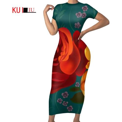 KUILIU Fashion Luxury Floral Sexy Skinny Women Long Dress Advance Flowers Printing Club Party Short Sleeves Bodycon Dresses