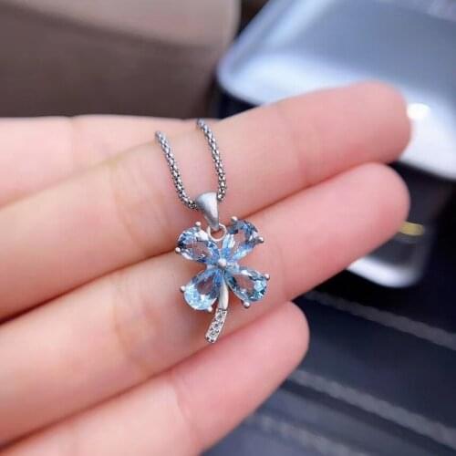 Natural light blue Aquamarine Pendant natural gemstone pendant necklace S925 silver Fashion grace Clover Women gift jewelery