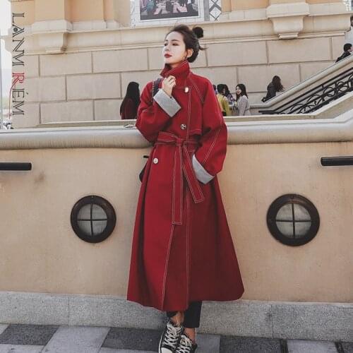 LANMREM Red Windbreaker Women Middle And Long 2021 Autumn Korean Double Breasted Trench Lady Solid Trench With Belt 2C2185
