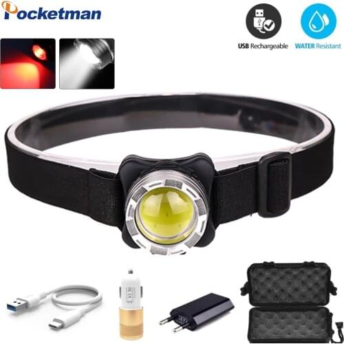 8000LM COB Mini Headlight Red White Light LED Headlamp USB Rechargeable Head Lamp Waterproof Head Torch With Built-in Battery