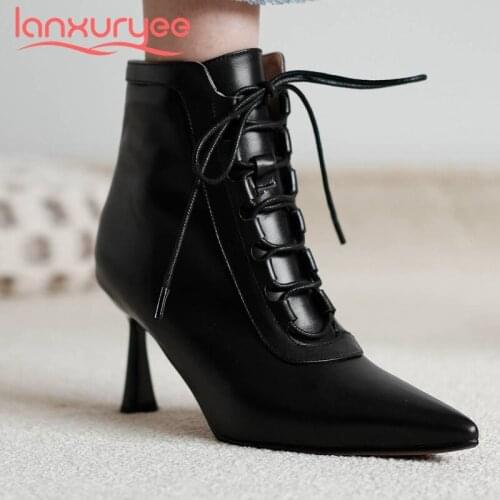 Lanxuryee high street fashion real cow leather all-match pointed toe thin high heel zip noble gentlewomen mature ankle boots L37