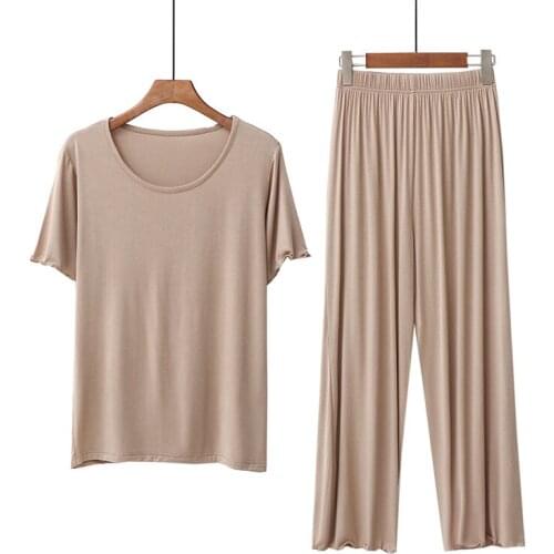 2020 Summer New Style Bit Cotton Thin Ladies Home Leisure Suit Crew Neck Short Sleeve Capri Pants Womens Base Set