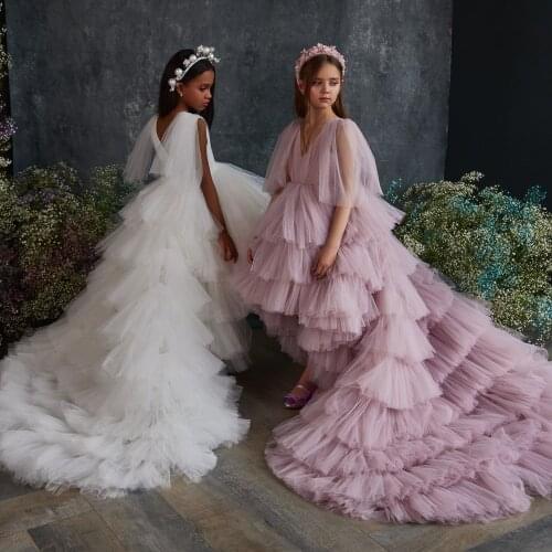 High Low Flower Girl Dresses V Neck Sleeveless Tiered Skirts Little Girls Pageant Gowns Birthday Party Prom Kids Christmas Dress