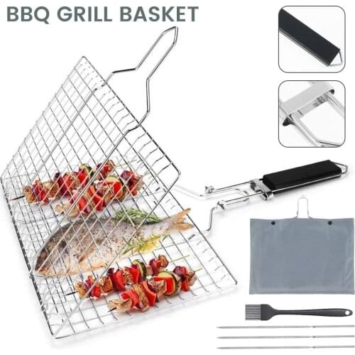 Portable BBQ Grilling Basket Stainless Steel Reusable Non-stick BBQ Grill Mesh Outdoor Picnic Camping BBQ Kitchen Tools