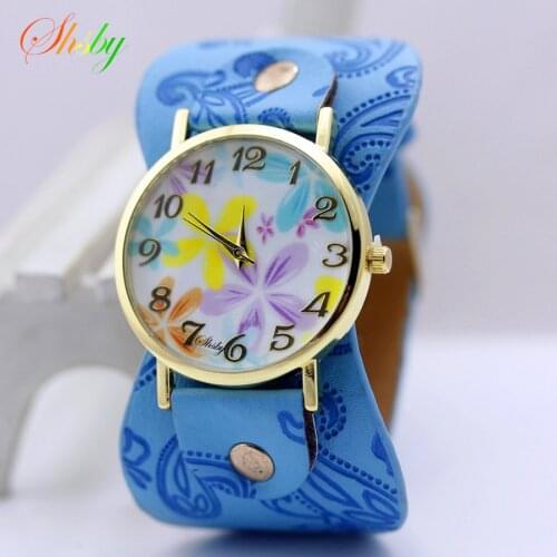 Shsby Printed leather Bracelet Wristwatch Wide band women dress Watch colorful flowers shsby Women Casual Watch girls gift