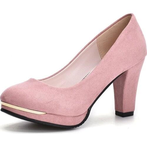 Autumn Women Metal Round Toe Thick Heel Pumps Shallow Solid Flock Dress Shoes Fashion Platform OL High Heels Shoes Woman Wedding