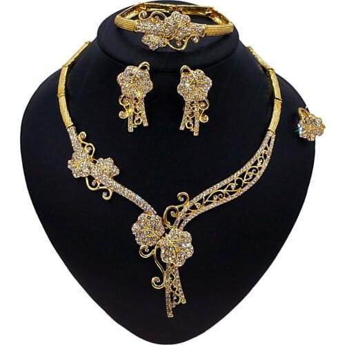 Yulaili Newest Fashion Wedding Bridal Jewelry Sets Dubai Gold Flower Crystal Necklaces Bracelet Earrings Ring Women Jewelery Set