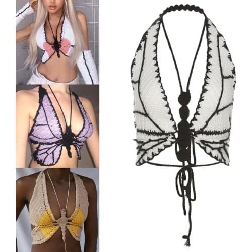 Womens Summer Sexy Hollow Out Knit Camisole Deep V-Neck Halter Backless Crop Top Crochet Butterfly Bralette Beach Vest
