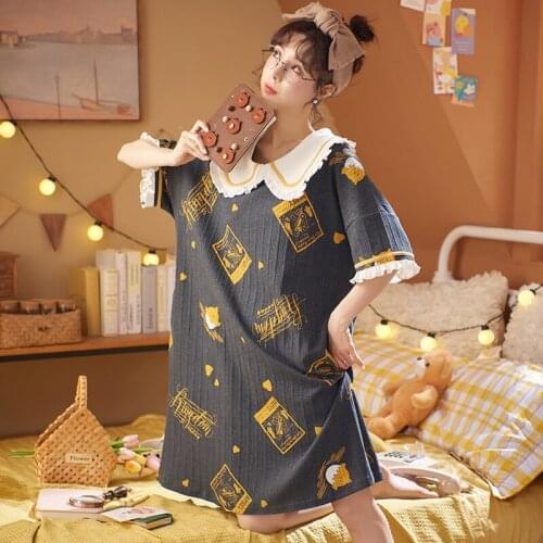 "M-4XL" Womens Homedress Knee-Length Nightdress Plus Size Nightgowns Girls Sleepwear Cotton Sleepshirts Loose Home Clothing