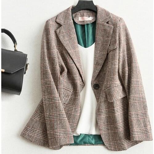 High Quality New Free Shipping Lattice Casual Women Coat Retro Jackets British Style Notched Blazers For Women Formal Coats