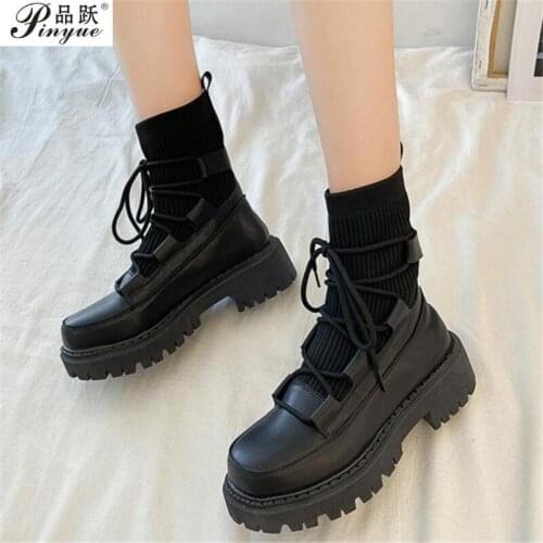 Womens Flying Knitted Elastic Martin Boots Thick Bottom Middle Heels Boots New Female Lace Up Autumn And Winter Boots