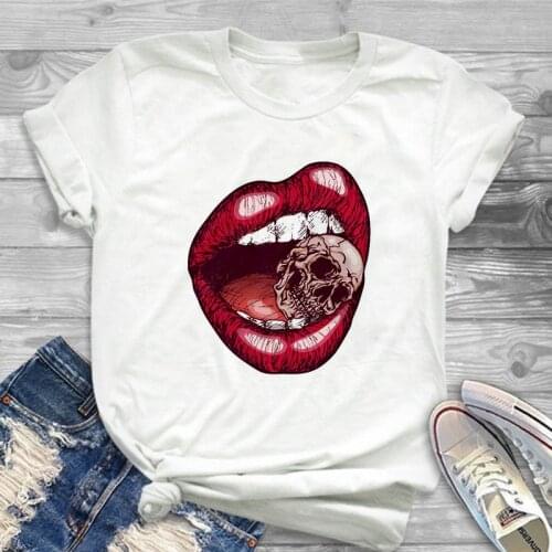 Womens T-shirts Tops Red Mouth Lip And Skull Printing T shirts Fashion Short Sleeve Tshirt Female Harajuku White Tee clothing