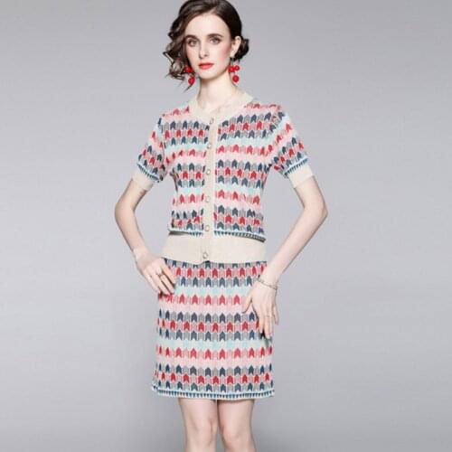 2 Piece Set Summer Vintage Women Fashion Knitted Geometry Short Sleeve Cardigan Top + Mini Skirt Outfits 2021 New