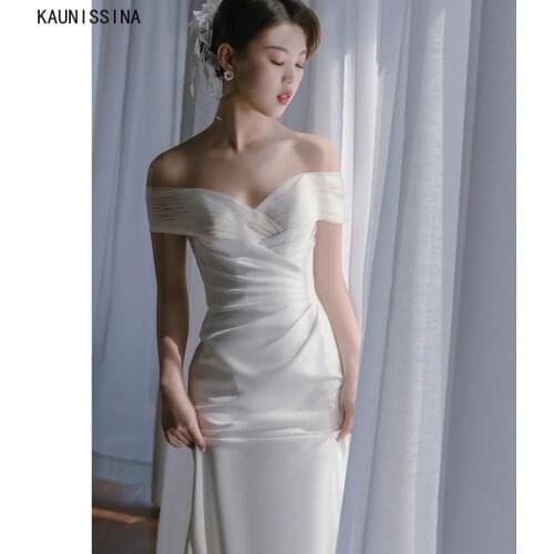 KAUNISSINA New Arrival Satin Mermaid Wedding Dresses Court Train Slim Elegant Simple Bridal Gowns Back Bow Bride Vestidos Noiva