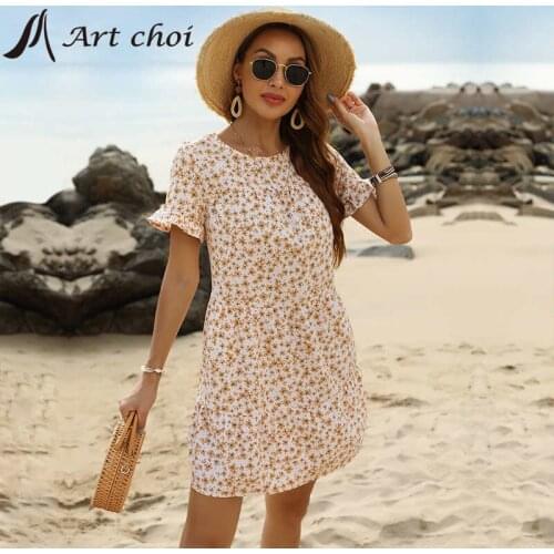 2021 Women Mini Floral Dress Summer Ruffles Skirt Butterfly Sleeve Elegant Ladies Beach Party A-Line Vestido Gentlewoman Dresses