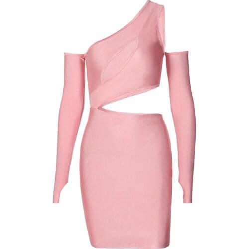 2021 Pink Black Dress Sexy Oblique Shoulder Hollow Long-sleeved Finger Sleeve Dress Female Fashion Girl Group Style Skinny Dress