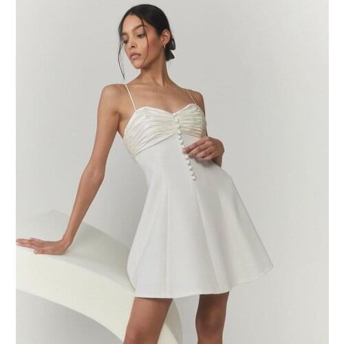 Solid Buttons Ruched Hollow Out Women Strap Mini Dress A-Line Sundress Elegant Party Streetwear 2021 Summer Clothes Dresses