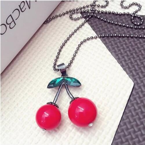 30 New geometric round red cherry colorful necklace sweater chain fruit three-dimensional cherry zircon pendant necklace jewelry