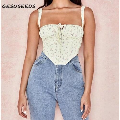 2021 Summer Tank Top women Sexy Slash Neck Tops Floral Print Backless Top Korean Corset Lace Up Womens Tops Irregular Zipper