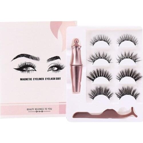 4 Pairs Magnetic Eyelashes 3D False Mink Eyelashes Magnet Lashes Magnetic Eyeliner&Tweezer Set Makeup pestañas magneticas
