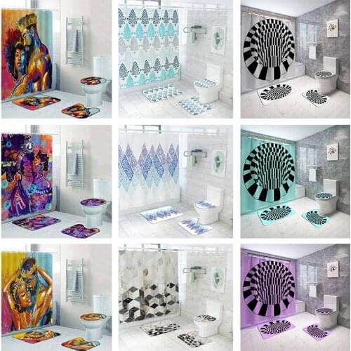 4PCS Creative Printing Home Valentines Gift Bath Shower Curtain Bathroom Floor Mat Base Mats Toilet Mats Combination Sets Supply