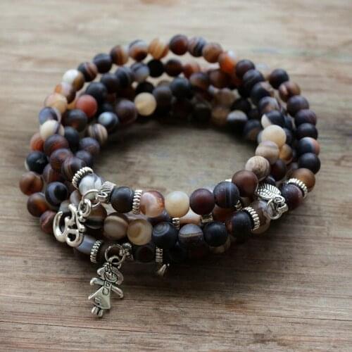6mm Natural Stone Strand Matte Frosted Brown beads with Charm pendant Yoga Bracelet