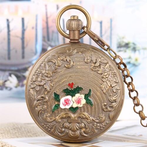 Vintage Flowers Design Double Hunter Pure Copper Mechanical Pocket Watch Tourbillon Self Winding Clock with 30 cm Chain Luxury