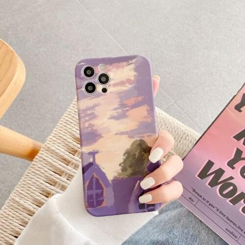 Retro abstract sunset oil painting art Phone Case For iPhone 12 11 Pro Max Xr Xs Max 7 8 Plus 7Plus case Cute Couple Soft cover