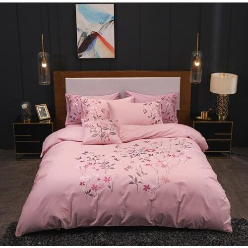 Cilected 100% Cotton Embroidered Quilt Cover With Pillowcases Thicken Twill Pink Bedding Duvet Cover Set Double Size No Sheet