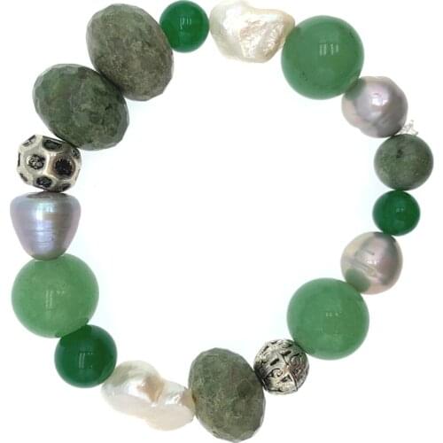 FoLisaUnique Natural Green Opal Jade Bracelet With Baroque Pearls Agate Antique Silver Plated Beads Stretchy For Women 7.5 Inch