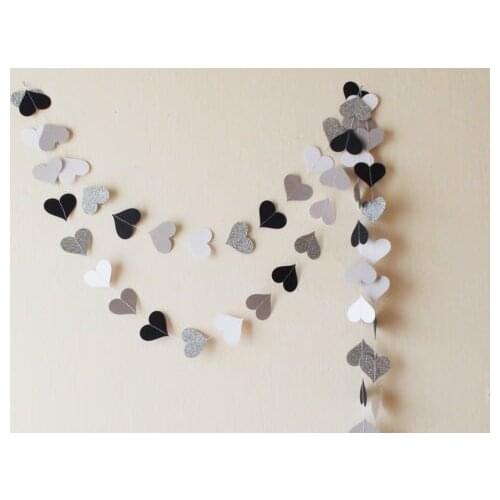 Black Gray White Silver glitter paper heart garland 10 ft, Black Wedding Garland, Party decorations