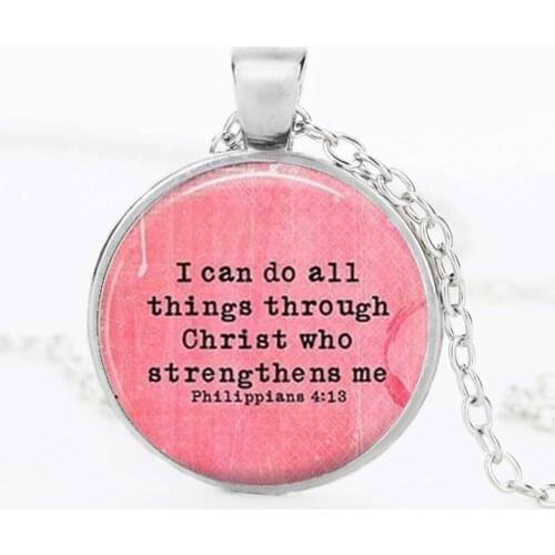 SUTEYI Classic Jesus Letter Necklace Women 'I can do all things through Christ' Glass Pendant Print Picture Christian Necklaces