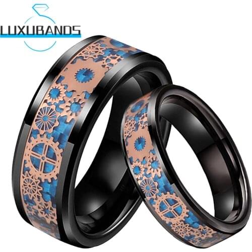 8MM Black Men Women Tungsten Wedding Ring Beveled Edges Rose Gold Gears Blue Carbon-Fiber Inlay Polished Finished Comfort Fit