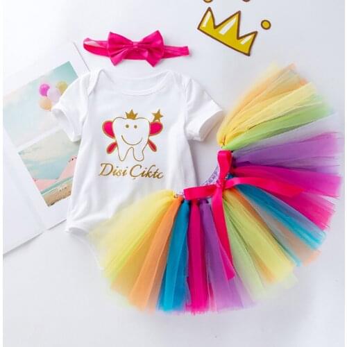 3Pcs Summer Baby Girls Clothes Set Toddlers Cartoon Printing Short Sleeve Round Collar Romper + Mesh Skirt + Bow Headwear