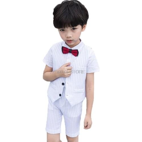 School Boys White Formal Graduation Suit Vest +Shorts 2Pcs Kids Wedding Clothing Set Children Piano Dance Performance Costume