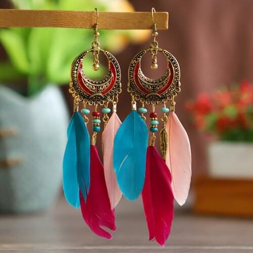 Creative Feather Earrings Bohemian National Wind Crescent Long Section Feather Tassel Earrings Female Retro Ethnic Earrings